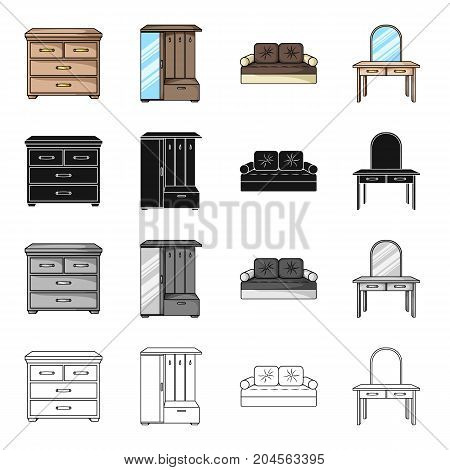 Interior of the bedroom, bed, chest of drawers, furniture in the hallway, dressing table. Furniture and home interiors set collection icons in cartoon black monochrome outline style vector symbol stock illustration .