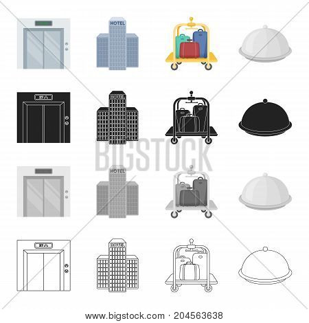 The elevator doors, the hotel building, the luggage trolley, the cloak .Hotel set collection icons in cartoon black monochrome outline style vector symbol stock illustration .