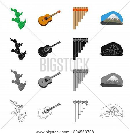 Cactus, Mexican guitar, wind instrument pan flute, mountain. Country Mexico set collection icons in cartoon black monochrome outline style vector symbol stock illustration .