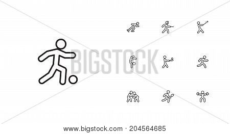 Collection Of Power-Lifting, Swordplay, Run And Other Elements.  Set Of 10 Sport Outline Icons Set.