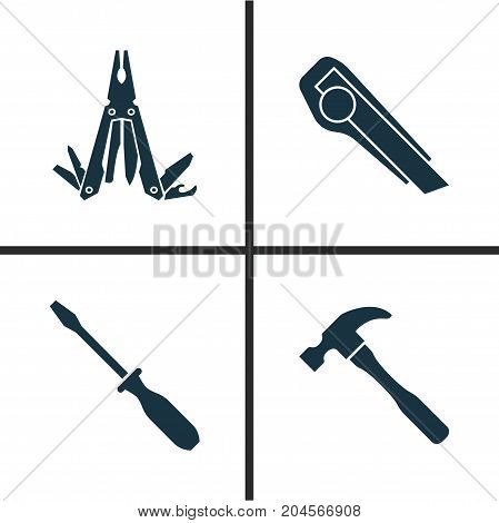 Handtools Icons Set. Collection Of Turn-Screw, Cutter, Multifunctional Pocket And Other Elements