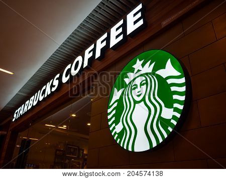Penang Malaysia - Jul 8 2017: Starbucks coffee shop in shopping mall. Starbucks is the largest coffeehouse company in the world.