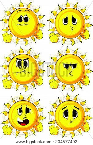 Cartoon sun with pointing hand at the viewer. Collection with sad faces. Expressions vector set.