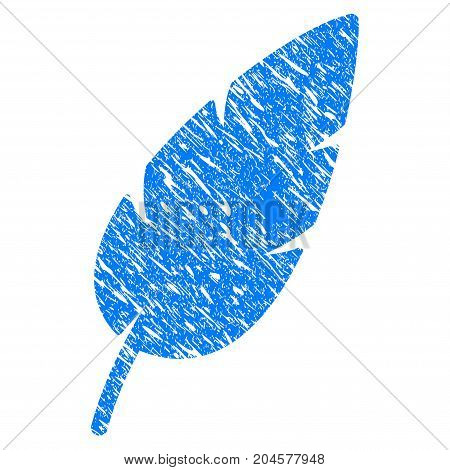 Grunge Feather icon with grunge design and dust texture. Unclean vector blue feather pictogram for rubber seal stamp imitations and watermarks. Draft sticker symbol.