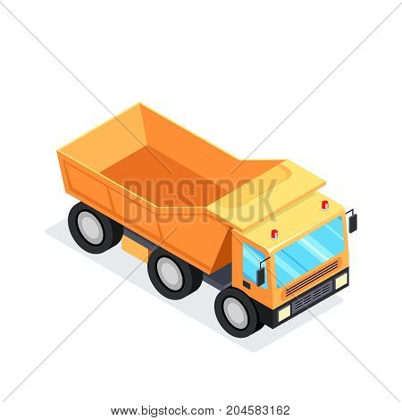 Isometric truck isolated on white background. 3d mining equipment. Heavy construction machinery. Vector illustration.