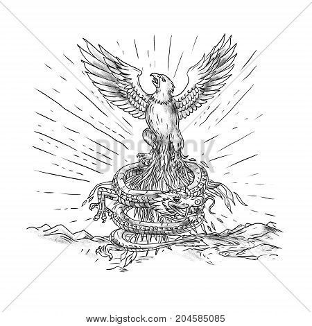 Tattoo style illustration of and eagle rising up like a phoenix with dragon coiling below with mountains in background.