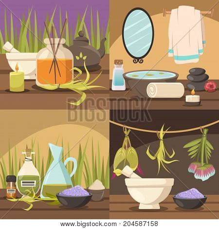 Natural cosmetology 2x2 design concept with aroma therapy spa procedure thalassotherapy elements flat vector illustration