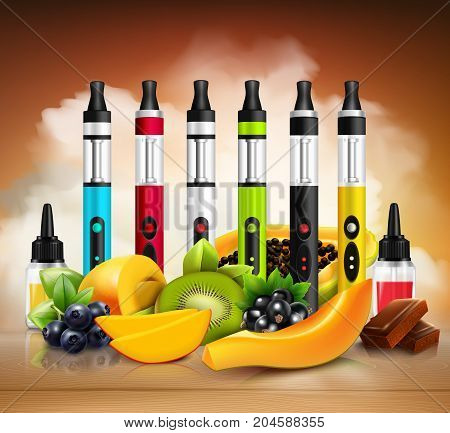 Colorful vaping electronic cigarettes and various fruit on wooden surface realistic vector illustration