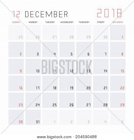 Planning calendar December 2018 Monthly scheduler. Week starts on Sunday.