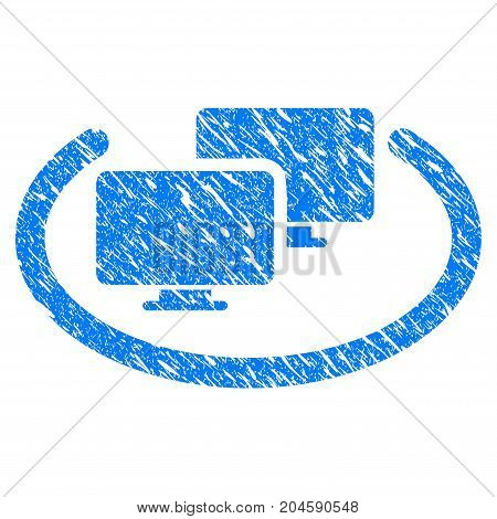 Grunge Intranet Computers icon with grunge design and scratched texture. Unclean vector blue intranet computers pictogram for rubber seal stamp imitations and watermarks. Draft emblem symbol.