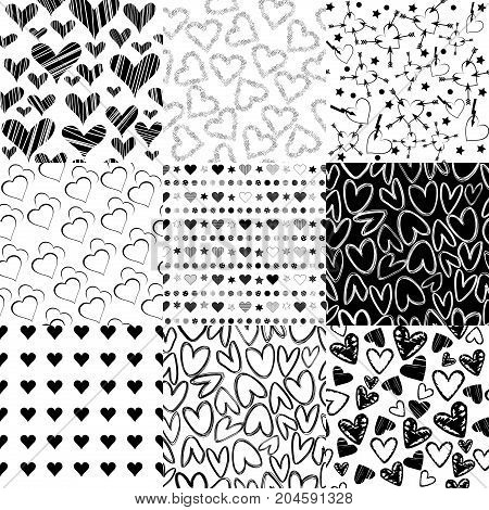 Black and white patterns with hearts for Valentines day