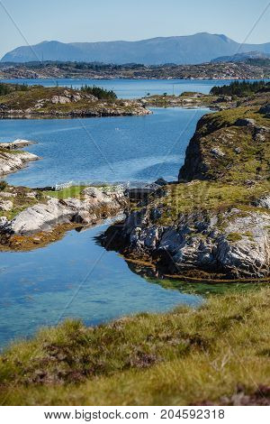 Beautiful view on norwegian fjords. outdoor shot in Norway. copy space.