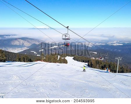 Panorama of winter mountains, ski slopes in bulgarian alpine ski resort Borovets