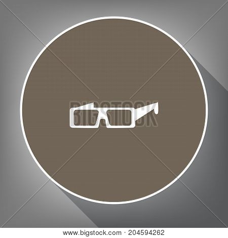 Modern glass sign. Vector. White icon on brown circle with white contour and long shadow at gray background. Like top view on postament.