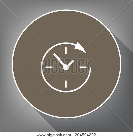 Service and support for customers around the clock and 24 hours. Vector. White icon on brown circle with white contour and long shadow at gray background. Like top view on postament.