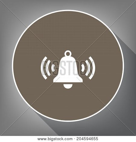 Ringing bell icon. Vector. White icon on brown circle with white contour and long shadow at gray background. Like top view on postament.