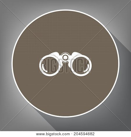 Binocular sign illustration. Vector. White icon on brown circle with white contour and long shadow at gray background. Like top view on postament.