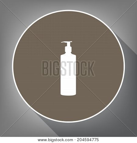 Gel, Foam Or Liquid Soap. Dispenser Pump Plastic Bottle silhouette. Vector. White icon on brown circle with white contour and long shadow at gray background. Like top view on postament.