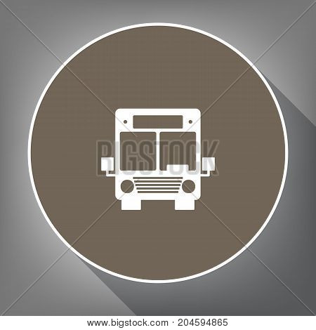 Bus sign illustration. Vector. White icon on brown circle with white contour and long shadow at gray background. Like top view on postament.