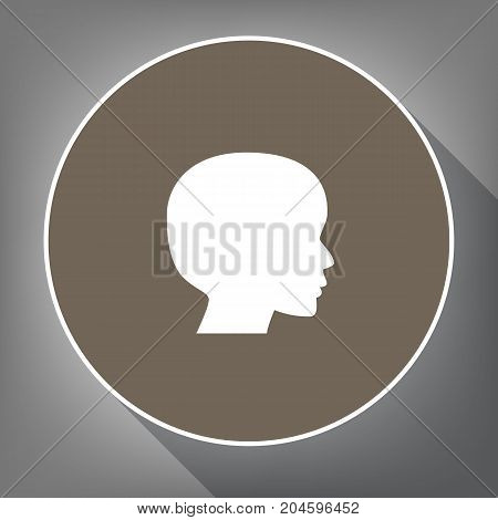 People head sign. Vector. White icon on brown circle with white contour and long shadow at gray background. Like top view on postament.