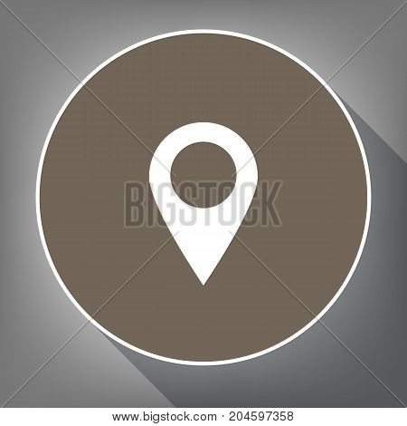 Mark pointer sign. Vector. White icon on brown circle with white contour and long shadow at gray background. Like top view on postament.