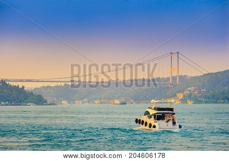 set of the ships passes across the canal Bosphorus on a background the bridge through the passage Istanbul