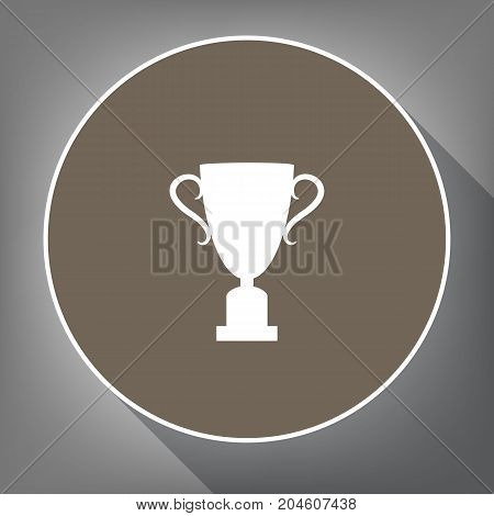 Champions Cup sign. Vector. White icon on brown circle with white contour and long shadow at gray background. Like top view on postament.