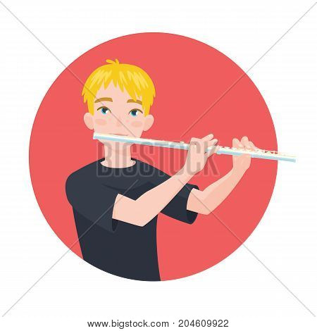 Musician playing flute. Boy flutist is inspired to play a classical musical instrument. Vector illustration in cartoon style in the red circle on white background for your design and print.