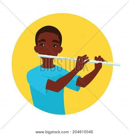 Musician playing flute. Boy flutist is inspired to play a classical musical instrument. Vector illustration in cartoon style in the yellow circle on white background for your design and print.