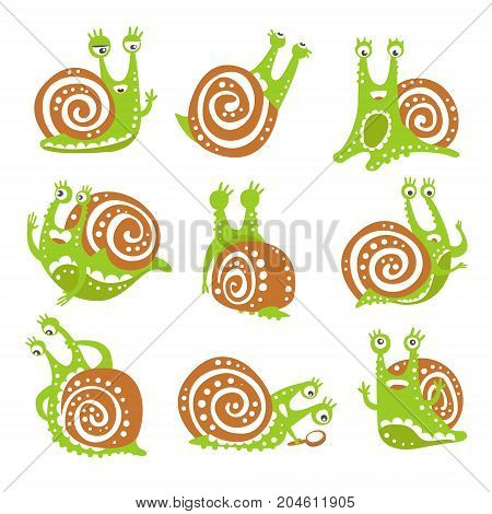 Cute snail character set, funny mollusk with different emotions colorful hand drawn vector Illustrations on a white background
