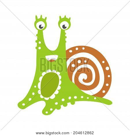 Cute friendly snail character, funny mollusk colorful hand drawn vector Illustration on a white background