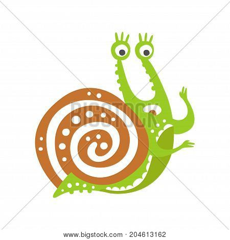 Cute scared snail character, funny mollusk colorful hand drawn vector Illustration on a white background
