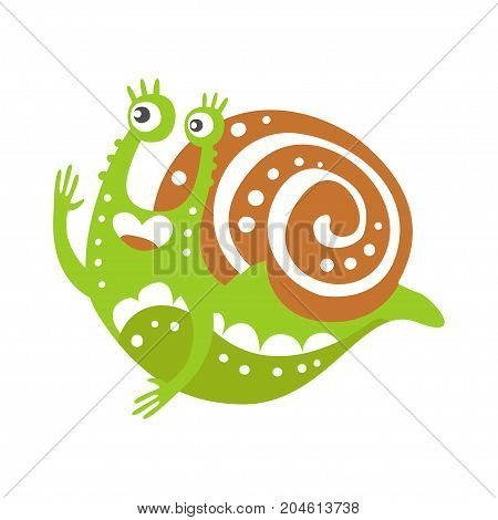 Cute snail character, funny mollusk colorful hand drawn vector Illustration on a white background