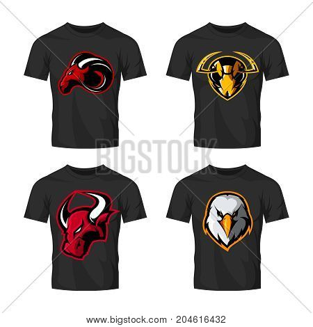 Furious hornet, bull, eagle and ram sport vector logo concept set isolated on white background. 
Street wear mascot team badge design. Premium quality wild animal emblem t-shirt tee print illustration.