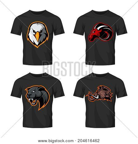 Furious panther, mammoth, eagle and ram sport vector logo concept set isolated on white background. 
Street wear mascot team badge design. Premium quality wild animal emblem t-shirt tee print illustration.