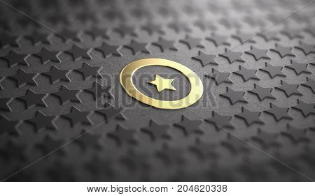 Many stars in relief on black paper background with focus on a golden one surrounded by a circle. Concept of Uniqueness and quality difference. 3D illustration