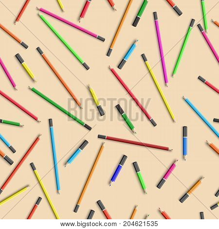 School learning seamless pattern with colorful wooden pencils in realistic style vector illustration