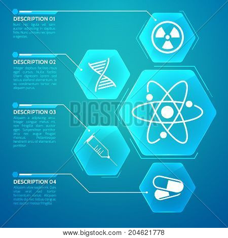 Medicine blue poster with genetic code and science symbols flat vector illustration