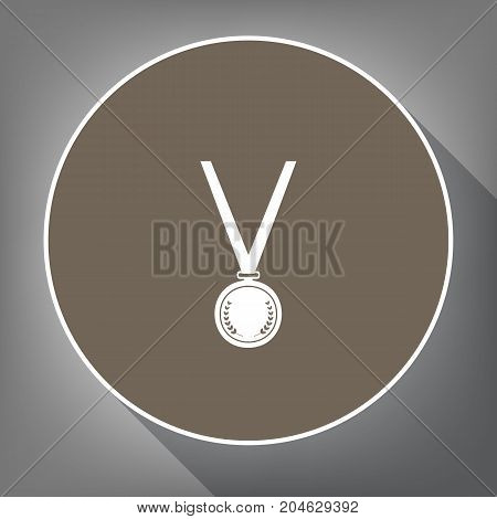 Medal simple sign. Vector. White icon on brown circle with white contour and long shadow at gray background. Like top view on postament.