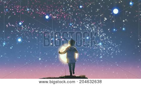 the boy holding glowing moon standing against hanging stars in the beautiful sky, digital art style, illustration painting