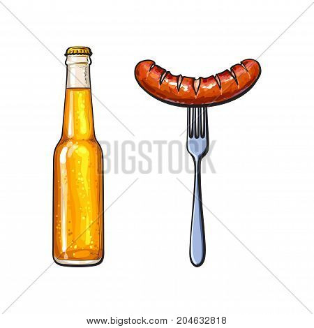 Cold beer and grilled, barbequed sausage on fork, sketch style vector illustration on white background. Realistic hand drawing of grilled, fried, barbequed sausage, fork and bottle of beer