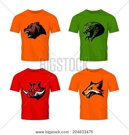 Furious fox, bear, snake and boar sport vector logo concept set isolated on white background. 
Street wear mascot team badge design. Premium quality wild animal emblem t-shirt tee print illustration.