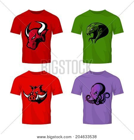 Furious octopus, bull, snake and boar sport vector logo concept set isolated on white. 
Street wear mascot team badge design. Premium quality wild animal emblem t-shirt tee print illustration.