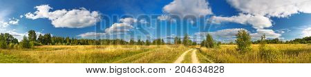 panorama rural summer landscape with a roadfield and forest. summer dayblue sky with white clouds. rural path. panoramic view.