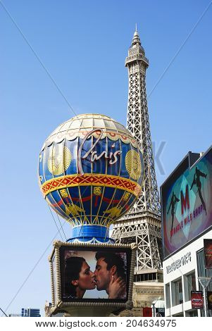 Las Vegas, May 2008 USA: Replica of the Eiffel Tower with Montgolfier Balloon on the Las Vegas Strip, as part of the Paris Hotel and Casino, located on the south strip.