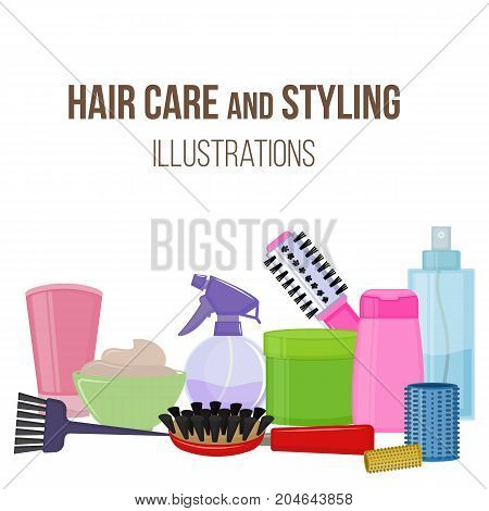 Set of colorful equipments for styling and hair care. Products and tools for home remedies of hair care. Vector