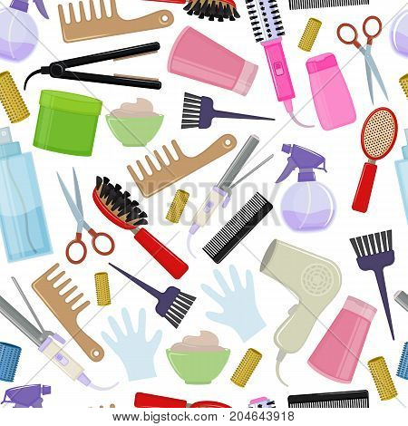 Seamless background of colorful equipments for styling and hair care. Products and tools for home remedies of hair care. Vector