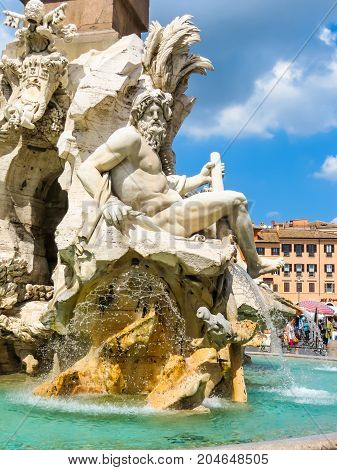 ROME, ITALY - AUGUST 31, 2013: Part of sculptural group of Fountain of the Four River, Fontana dei Quattro Fiumi. Navona Square or Piazza Navona, Rome, Italy
