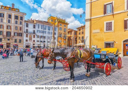 Rome, Italy - May 10, 2017 : Rotund Square (piazza Della Rotonda)  And Pantheon Fountain( Fontana De
