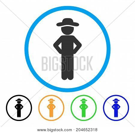 Gentleman Akimbo icon. Vector illustration style is a flat iconic gentleman akimbo grey rounded symbol inside light blue circle with black, green, blue, yellow color versions.